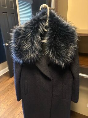Novara Navy Wool Pea Coat with Plush Faux Fur Collar
